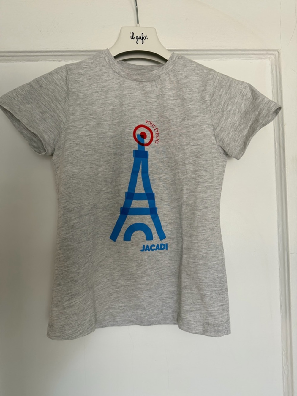 Jacadi Gray Tee with Blue Eiffel Tower and Red Target Detail